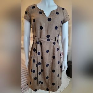 Boden Women's Blue Poka-Dot Tan Sheath Dress, Size 8, Cotton/Linen Blend
